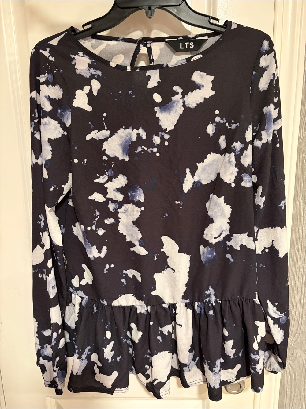 LTS Black & White Paint-Splash Peplum Blouse